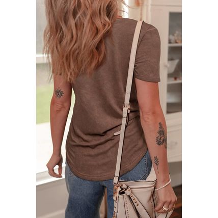 Chestnut Mineral Wash Criss Cross V Neck Casual T Shirt