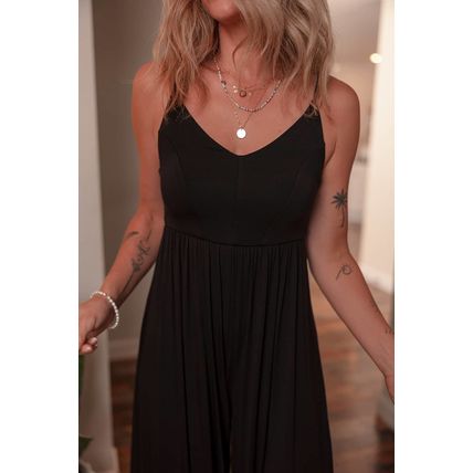 Black Spaghetti Straps Open Back Pleated Wide Leg Jumpsuit