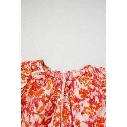 Orange Floral Print Ruffled Short Puff Sleeve Split Neck Blouse