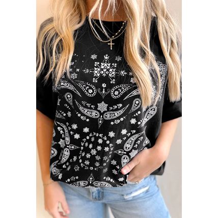 Black Paisley Print Crew Neck Loose Fit Tunic Tee