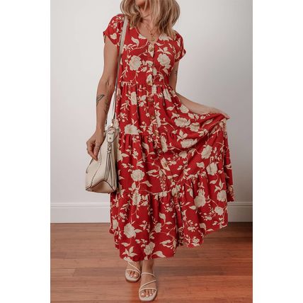 Red Floral Print Buttoned Front V Neck Tiered Short Sleeve Midi Dress