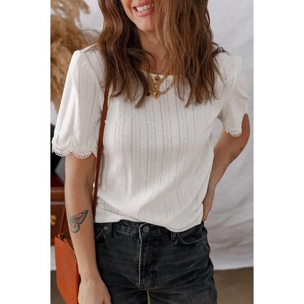 White Scalloped Lace Trim Jacquard Textured T Shirt