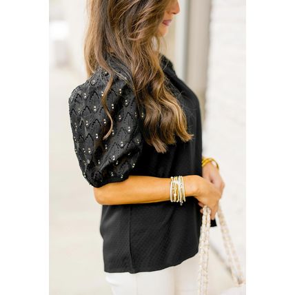 Black Feather Bubble Sleeve Patchwork Textured Blouse
