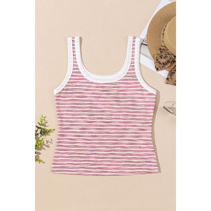 Pink Stripe Contrast Trim Yarn-dyeing Knit Tank Top