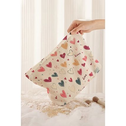 White Love Heart Print Ribbed Canvas Makeup Bag