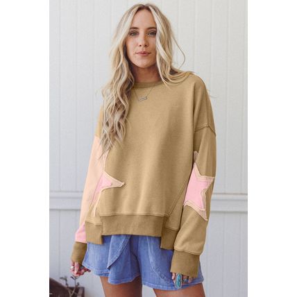 Sage Green Contrast Star Patchwork Exposed Seam Uneven Hem Drop Shoulder Sweatsh