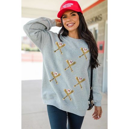 Gray Sequin Baseball Game Day Graphic Casual Sweatshirt