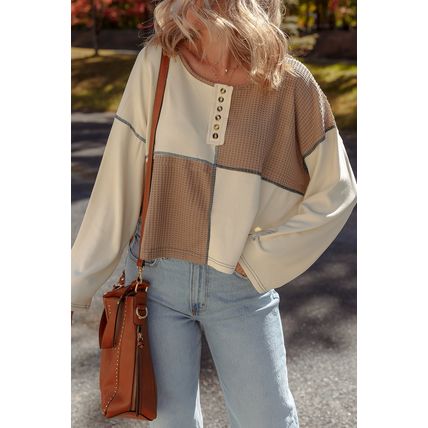 Beige Color Block Waffle Knit Stitch Detail Long Sleeve Top