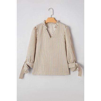 Straw Yellow Striped Print Tied Cuffs Split Neck Seersucker Blouse