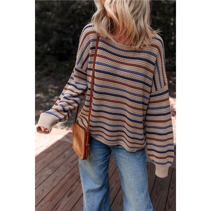 Multicolour Striped Knitted Drop Shoulder Round Neck Sweater