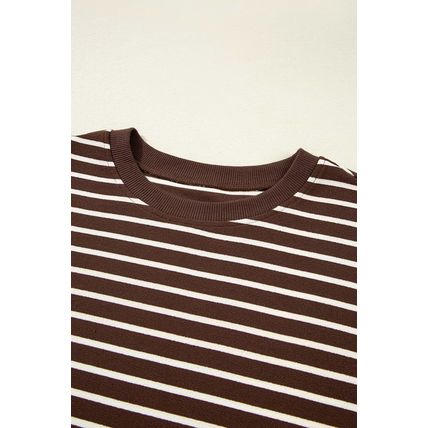 Brown Stripe Ribbed Cropped Crew Neck Long Sleeve T Shirt