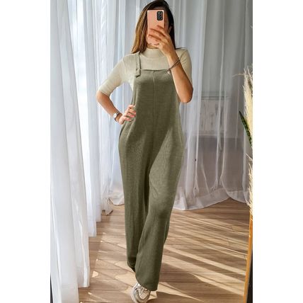 Laurel Green Solid Color Knit Loose Straight Leg Casual Overall Jumpsuit