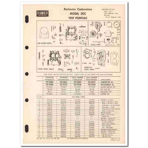 rochester carburetors 1959 pontiac 2gc service bulletin vintage manual
