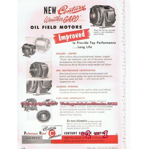 CENTURY ELECTRIC COMPANY 1955 weather gard oil field motors vintage ad