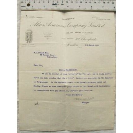 1922 letter Atlas Assurance Co., Cheapside to Breach, Wokingham