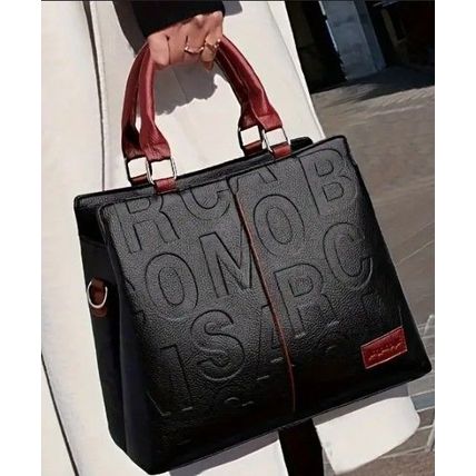 Elegant Women's Black & Red Synthetic Leather Embossed Zipper Large Tote Bag