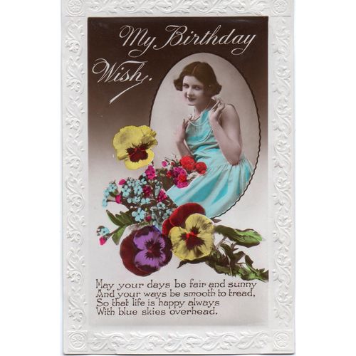 1931 Song Postcard My Birthday Wish Young Woman Pansies or Violas