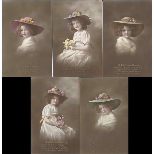 Little Girl set of 5 Real Photos, Christmas Poem, MINT EX, circa 1910, in Hats