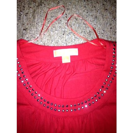 Michael Kors Blouse Women Pink-Coral Jewelry Beaded Neckline Short Sleeve Size L