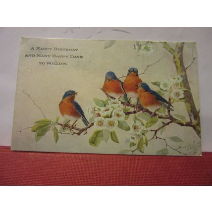 HAPPY BIRTHDAY, used vintage postcard R. Tuck 'Oilette' 1930 pm 4 birds /