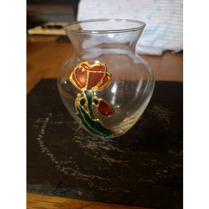 Small Glass Vase With Raised Painted Rose Design