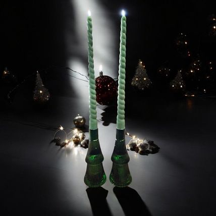 Christmas Tree Tapered Candle Holders - Set of 2 - Forest Green Glass