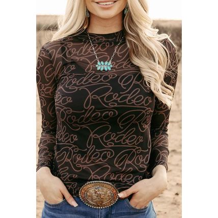 Black Western Rodeo Printed Mock Neck Long Sleeve Mesh Top