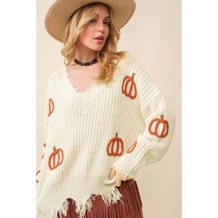 Beige Cable Knit Pumpkin Raw Hem V Neck Loose Sweater