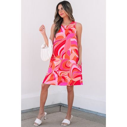 Rose Abstract Floral Print Sleeveless Shift Mini Dress