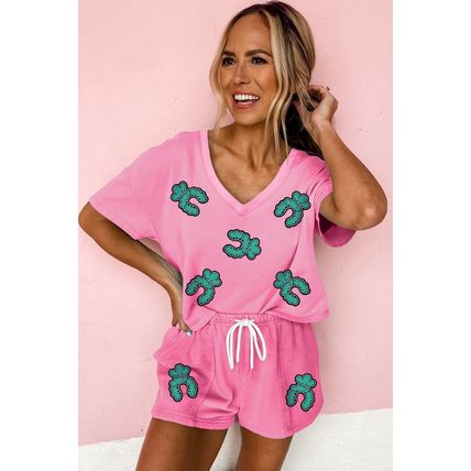 Bonbon Sequin Turquoise Patched V Neck Tee Drawstring Shorts 2pcs Outfit