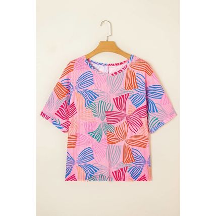 Pink Bowknot Printed Waffle Crewneck Loose Short Sleeve Top