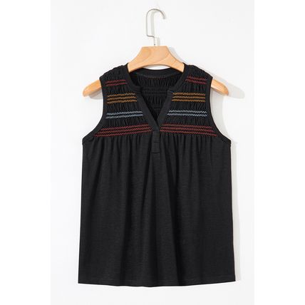 Black Colorful Shirred Yoke Notched V Neck Tank Top