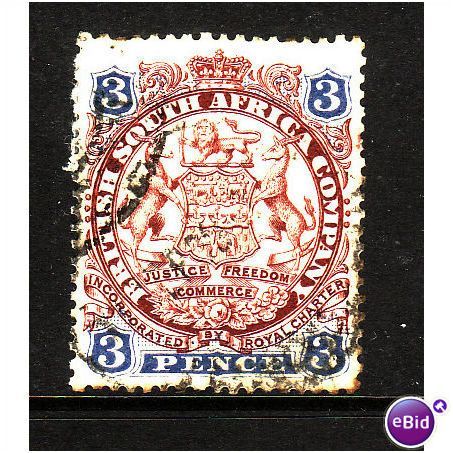 Rhodesia 1896 sg31 3d chocolate and ultramarine FINE USED