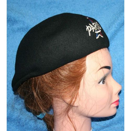 Vintage 1970 Black Beret Hat Paris Logo