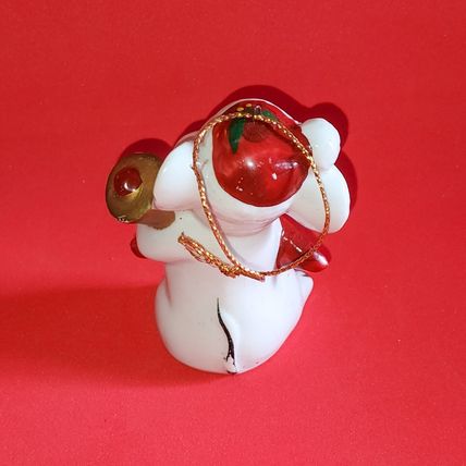 White Red 3" Mouse Figurine Holding a Goldtone Bell Christmas Ornament