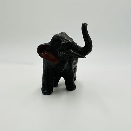 Vintage Metal Elephant Figurine Trunk Up Realistic Japan Metal Red Ears