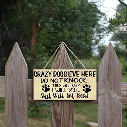 Crazy Dogs Live Here Do Not Knock They Will Bark Wooden Hanging Plaque UK Seller