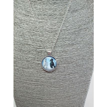 Beautiful Galloping Horses In Snow Glass Cabochon Pendant Silver Necklace Gift