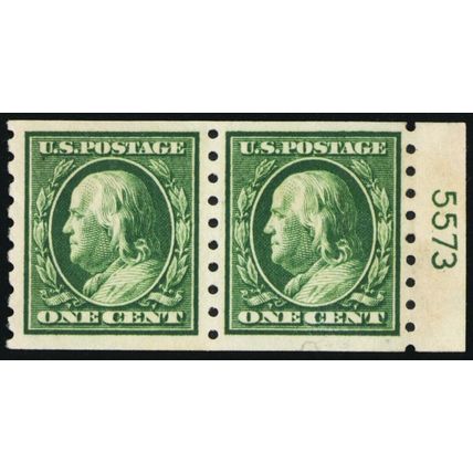 392, Used 1¢ Coil Pair With PL# 5573 Attached - RARE! * Stuart Katz