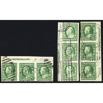383, Used 1¢ Three PL# Strips of Three * Stuart Katz