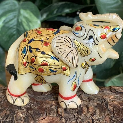 Marble Elephant Statue Trunk Up Hand Painted Indian Art home Decor Sculpture 3"