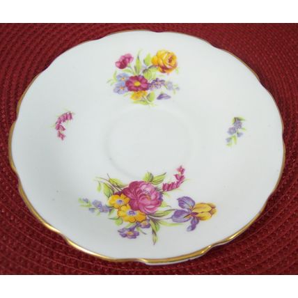 Vanderwood Teacup & Saucer White Yellow Pink Purple Floral Gold Trim Scalloped