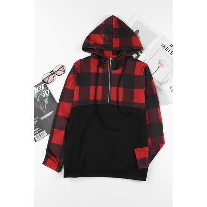 Black Contrast Buffalo Plaid Zip Pullover Hooded Top