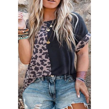 Black Half Leopard Patchwork Plus Size T-shirt