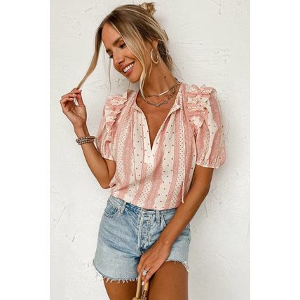 Red Frilled Short Puff Sleeve Mixed Print Blouse