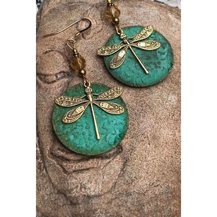 Dark Green Retro Dragonfly Hook Drop Earrings