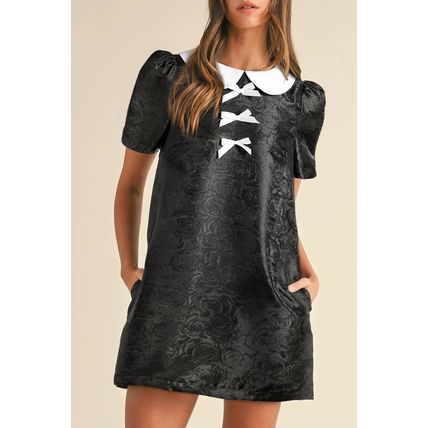 Black Floral Embossed Puff Sleeve Colorblock Bow Collared Mini Dress