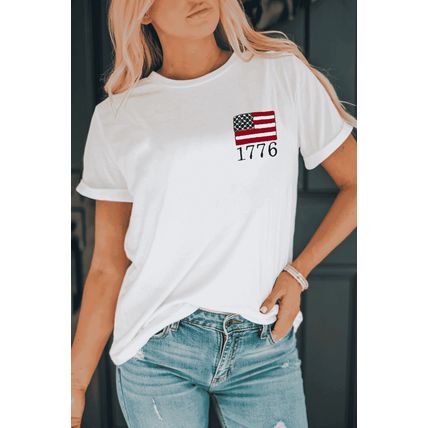 White American Flag 1776 Embroidered Pattern Crew Neck Tee