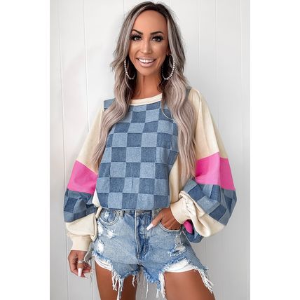 Sky Blue Oversized Checkered Denim Exposed Seam Patchwork Casual Sweatshirt