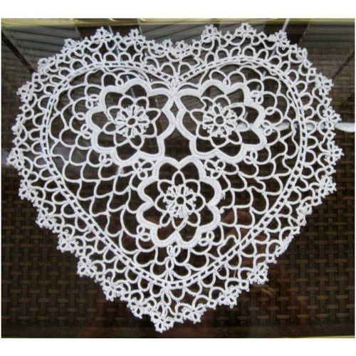 White Heart Shaped Floral Design Doily, 9" x 9 1/2"